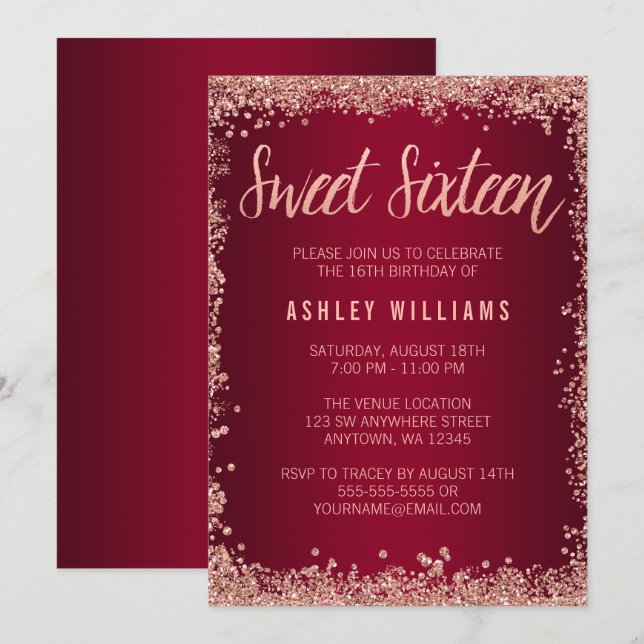 Sweet 16 Burgundy Rose Gold Faux Glitter Birthday Invitation (Front/Back)