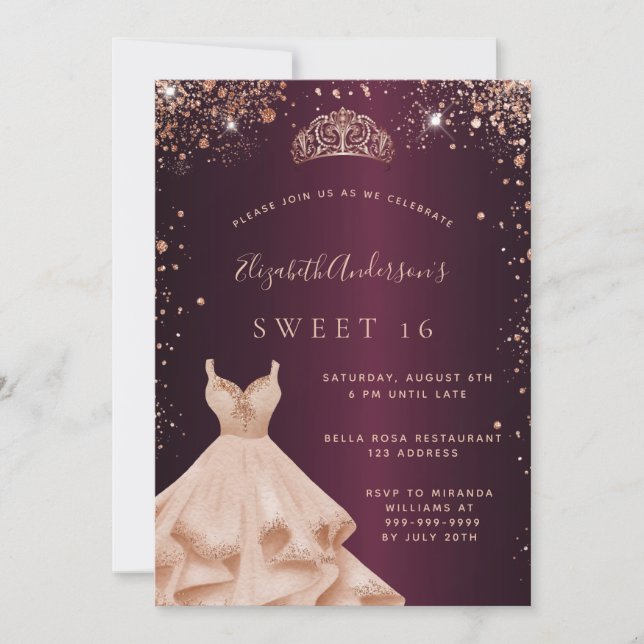 Sweet 16 burgundy rose gold glitter dress tiara invitation (Front)