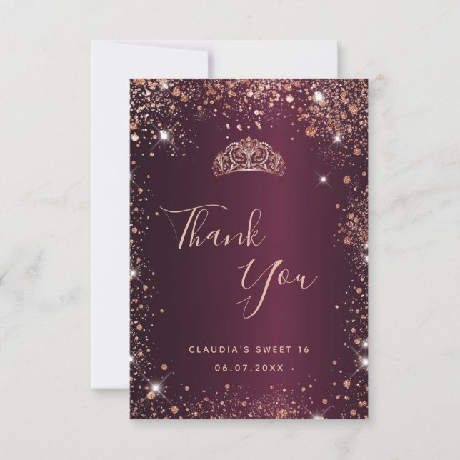 Sweet 16 burgundy rose gold thank you card (Front)