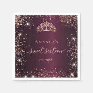 Sweet 16 burgundy rose gold tiara name napkin
