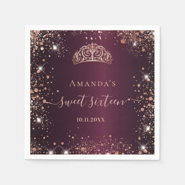 Sweet 16 burgundy rose gold tiara name napkin (Front)