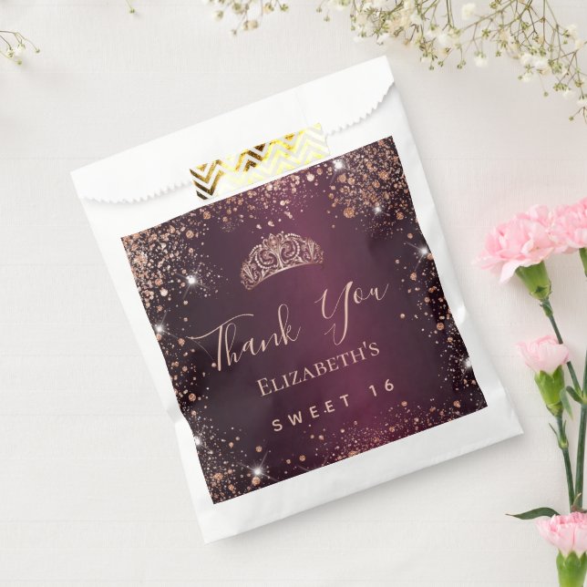 Sweet 16 burgundy rose gold tiara thank you favour bags (Sealed)