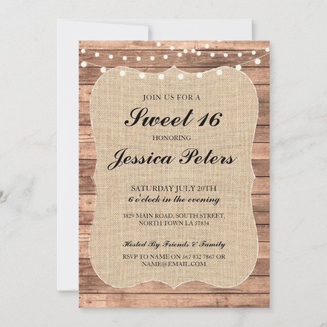 Sweet 16 Burlap Lights Rustic Wood Invitation (Front)