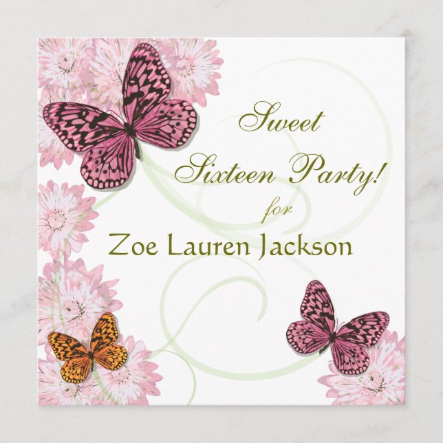 Sweet 16 Butterfly and Daisy Invitation Card (Front)
