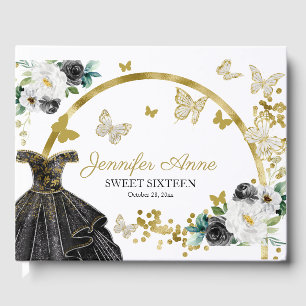 Sweet 16 Butterfly Flowers Black Gold Dress Guest Book