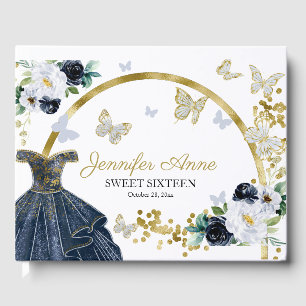 Sweet 16 Butterfly Flowers Dark Blue Dress Guest Book