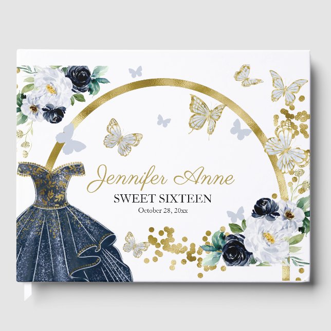 Sweet 16 Butterfly Flowers Dark Blue Dress Guest Book (Front)