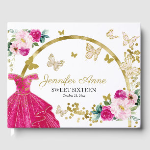 Sweet 16 Butterfly Flowers Hot Pink Dress Guest Book