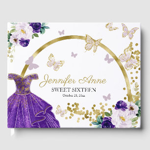 Sweet 16 Butterfly Flowers Purple Dress Guest Book