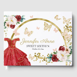Sweet 16 Butterfly Flowers Red Dress Guest Book