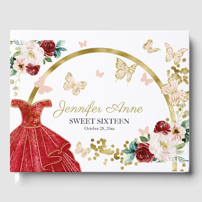 Sweet 16 Butterfly Flowers Red Dress Guest Book (Front)