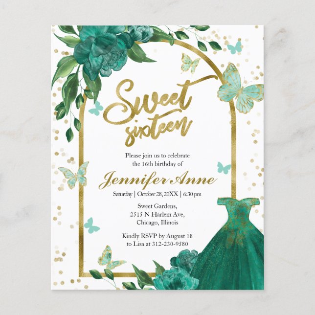 Sweet 16 Butterfly Green Budget Invitation (Front)