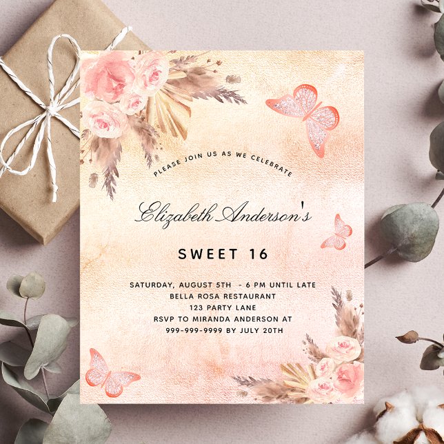 Sweet 16 butterfly pampas grass blush invitation postcard (Creator Uploaded)