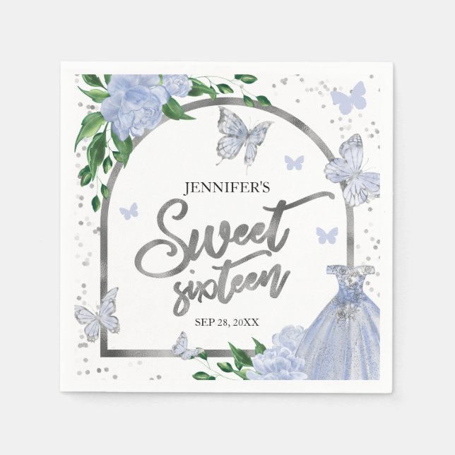 Sweet 16 Butterflys Dusty Blue Blush Gown Napkin (Front)