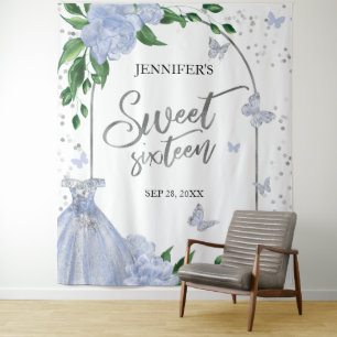 Sweet 16 Butterflys Dusty Blue Gown Backdrop Tapestry