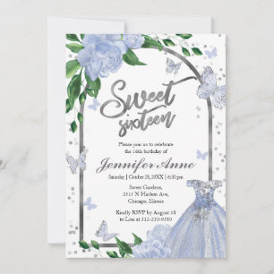 Sweet 16 Butterflys Dusty Blue Gown Invitation