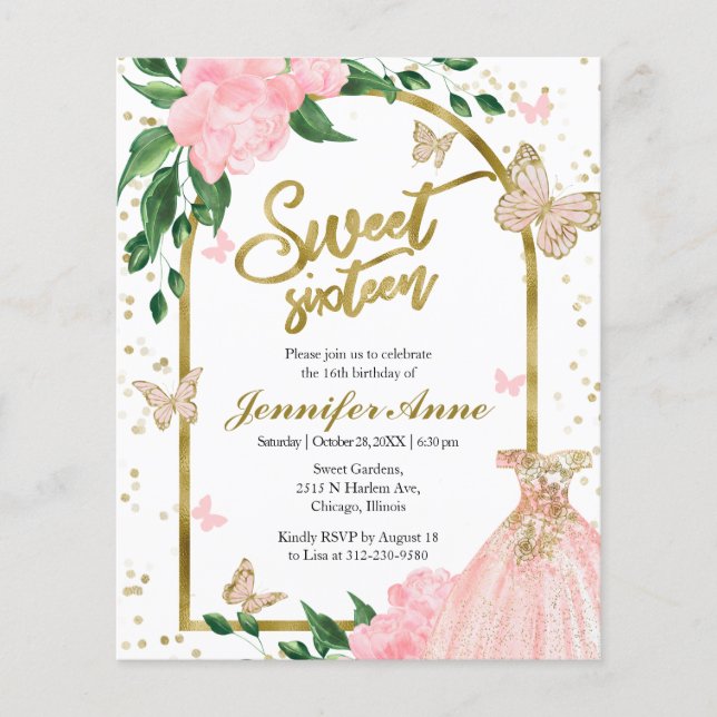 Sweet 16 Butterflys Dusty Pink Budget Invitation (Front)