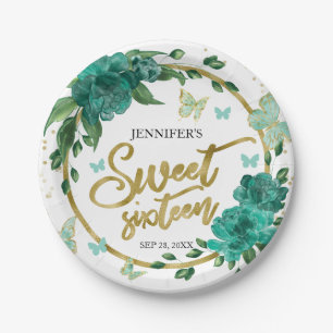 Sweet 16 Butterflys Emerald Green Gown Paper Plate