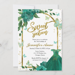 Sweet 16 Butterflys Green Blush Gown Invitation