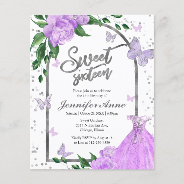 Sweet 16 Butterflys Lavender Budget Invitation (Front)
