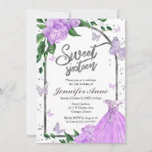 Sweet 16 Butterflys Lavender Gown Invitation