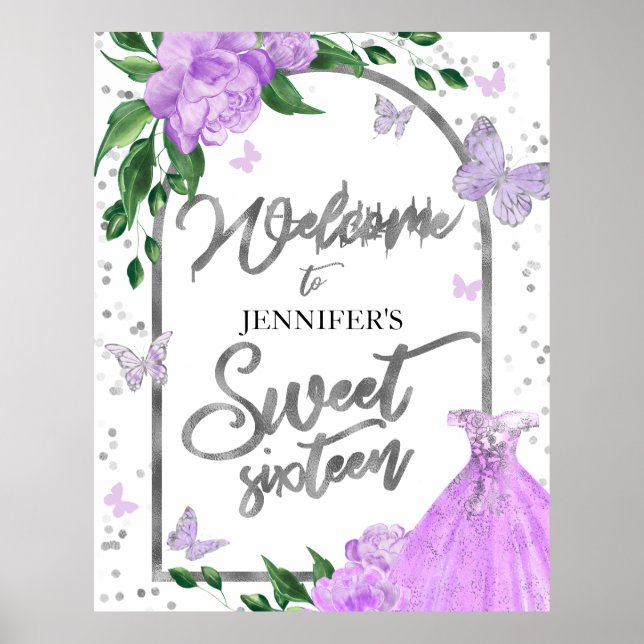 Sweet 16 Butterflys Lavender Gown Welcome Sign (Front)