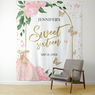 Sweet 16 Butterflys Pink Blush Gown Backdrop Tapestry
