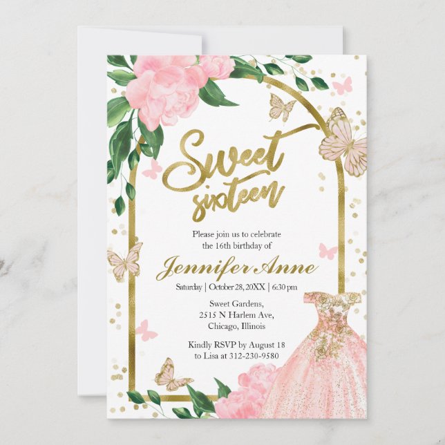 Sweet 16 Butterflys Pink Blush Gown Invitation (Front)