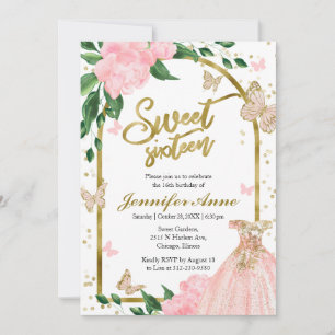 Sweet 16 Butterflys Pink Blush Gown Invitation
