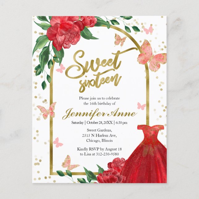 Sweet 16 Butterflys Red Budget Invitation (Front)
