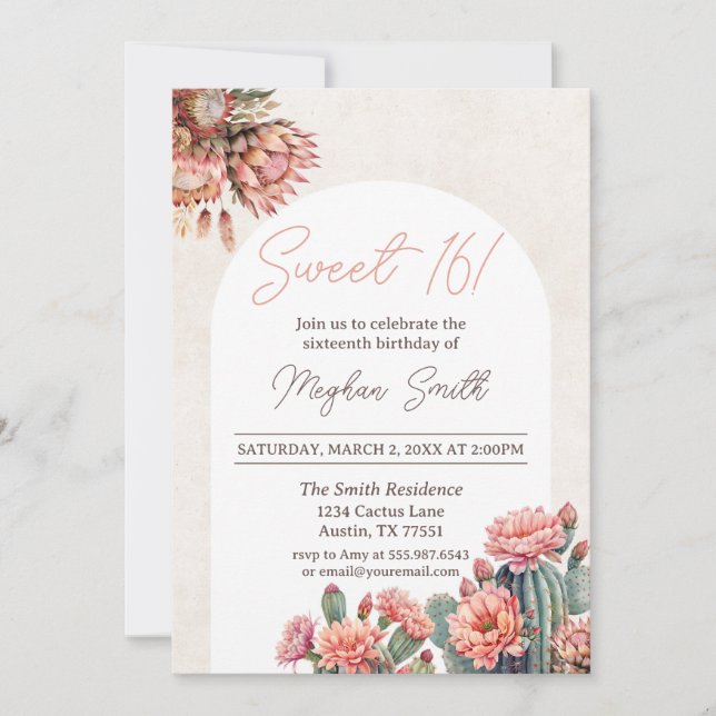 Sweet 16 Cactus Boho Pampas Arch Birthday Invite (Front)