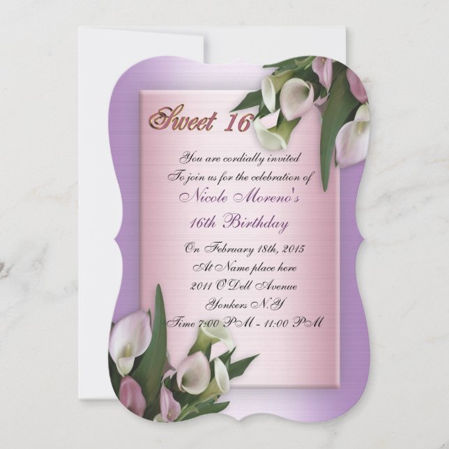 Sweet 16 calla lily birthday invitation elegant (Front)