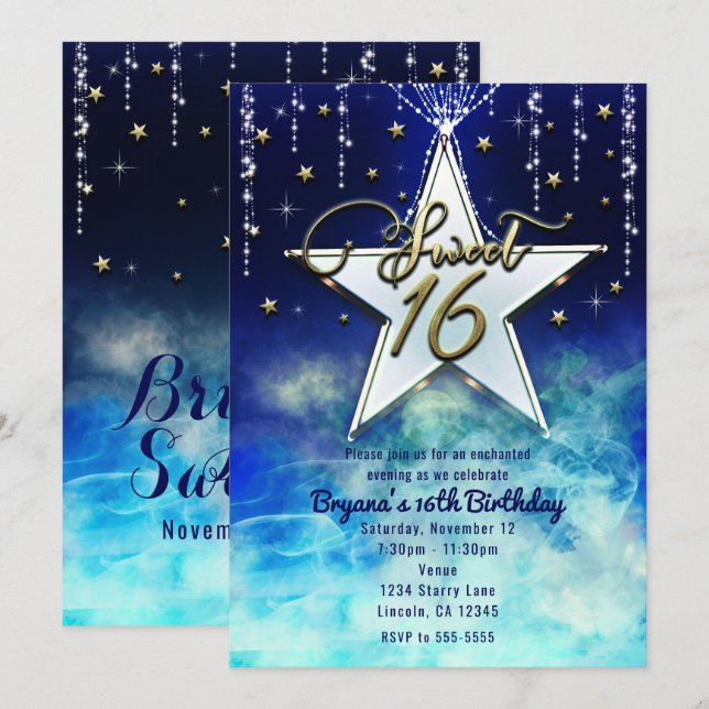 Sweet 16 Celestial Clouds & Gold Stars Party Invitation (Front/Back)