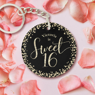 Sweet 16 Chic Black Gold Glitter Confetti Birthday Key Ring