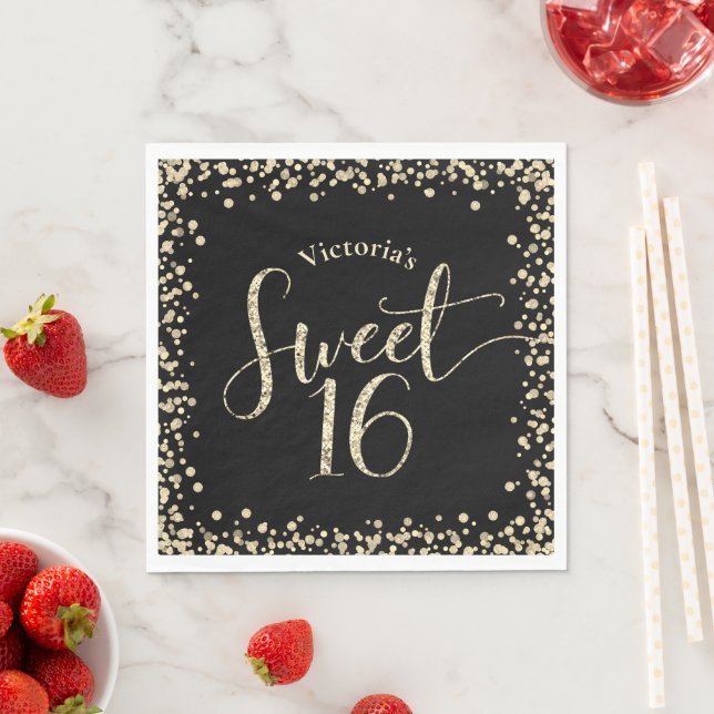 Sweet 16 Chic Black Gold Glitter Confetti Birthday Napkin (Insitu)