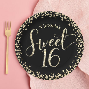 Sweet 16 Chic Black Gold Glitter Confetti Birthday Paper Plate