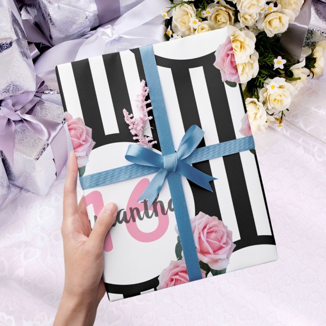 Sweet 16 chic pink roses black white stripes wrapping paper (Creator Uploaded)