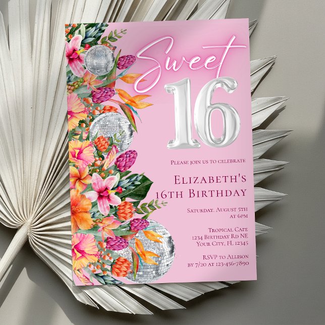 Sweet 16 Colorful Tropical Flowers Disco Birthday Invitation (Creator Uploaded)