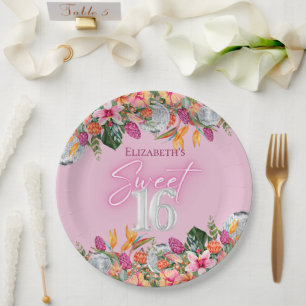 Sweet 16 Colorful Tropical Flowers Disco Birthday Paper Plate