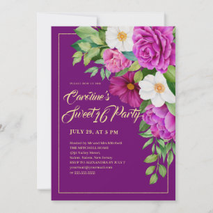 Sweet 16 Colourful Floral Watercolor Purple Invitation