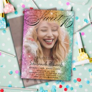 Sweet 16 Colourful Rainbow Glitter & Photo Party Invitation