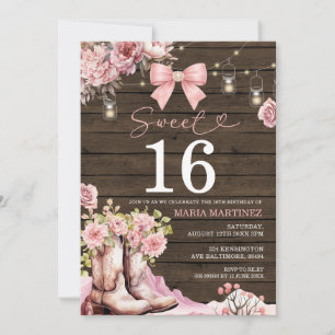 Sweet 16 Cowgirl Birthday Boots and Bow Invitation