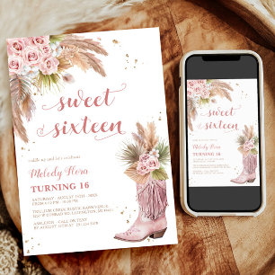 Sweet 16 Cowgirl Boot Pampas Grass Roses Birthday Invitation