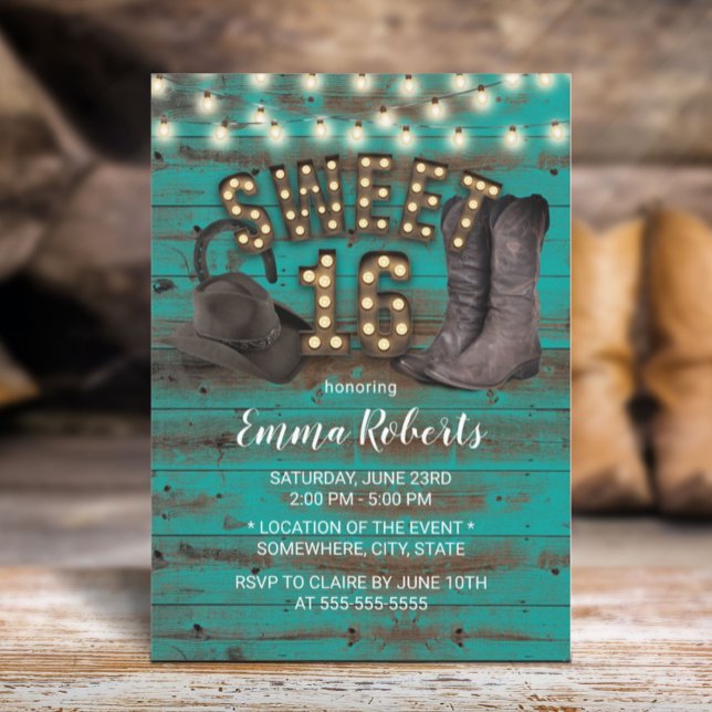 Sweet 16 Cowgirl Rustic Teal Barn Wood Western Invitation (Creator Uploaded)