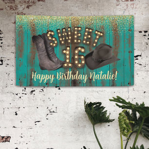 Sweet 16 Cowgirl Teal Barn Wood Rustic Birthday Banner