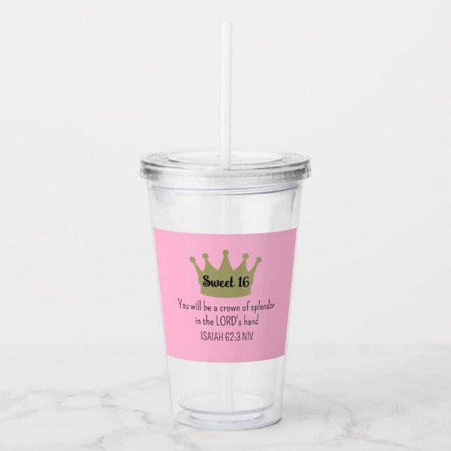 Sweet 16 Crown Bible Verse Dark Pink and Gold Acrylic Tumbler (Front)