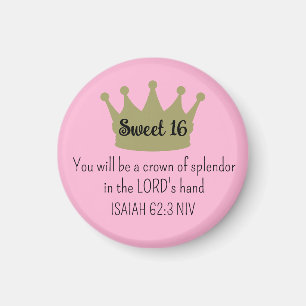 Sweet 16 Crown Bible Verse Dark Pink and Gold Magnet