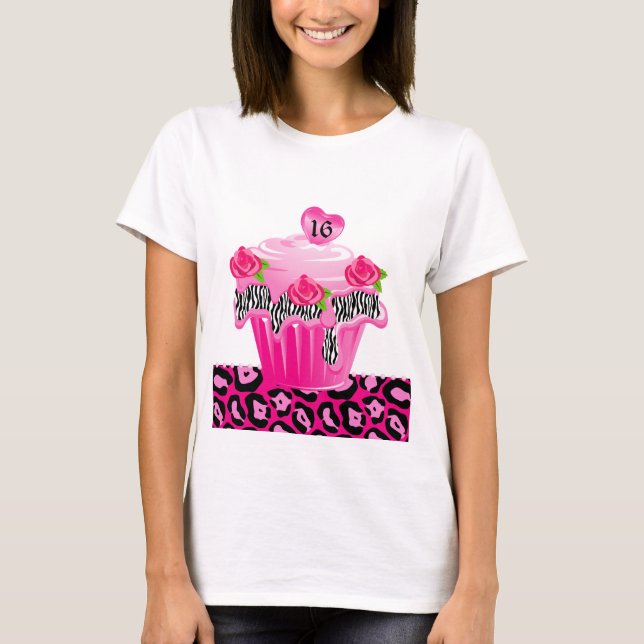 Sweet 16 Cupcake Zebra Rose Leopard Pink T-Shirt (Front)