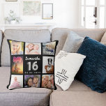 Sweet 16 custom photo collage black silver cushion<br><div class="desc">A unique gift for a girl's Sweet 16, 16th birthday, celebrating her life with a collage of 8 of your own photos, pictures. Personalise and add her name and a date. A chic black background. The name is written with a modern hand lettered style script, number 16 with a faux...</div>