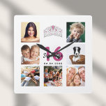 Sweet 16 custom photo collage tiara square wall clock<br><div class="desc">A wall clock as a gift for a Sweet 16, 16th birthday for a girl, celebrating her life with a collage of 7 of your photos and a tiara, crown. Personalise and add a name, age 16 and a date. Date of birth or the date of the anniversary. Black and...</div>